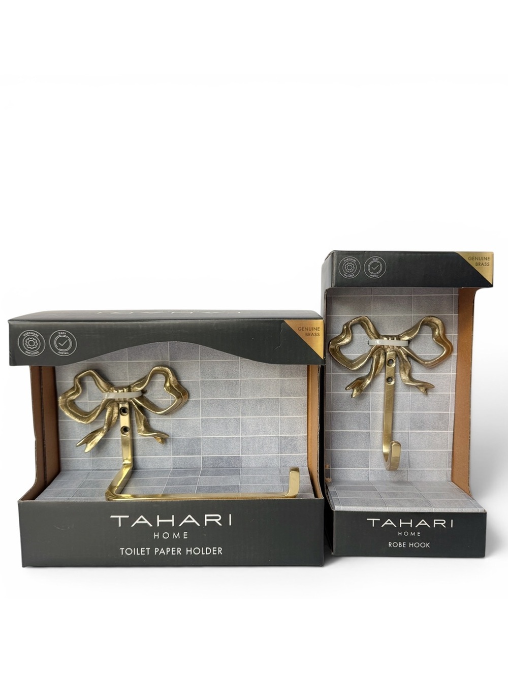 TAHARI Brass Ribbon Bow Bathroom Toilet Paper Roll Holder Wall Mount & Hook NEW
